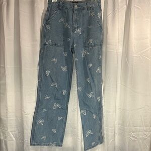Butterfly Patterned Wide Leg Jeans - Blue
